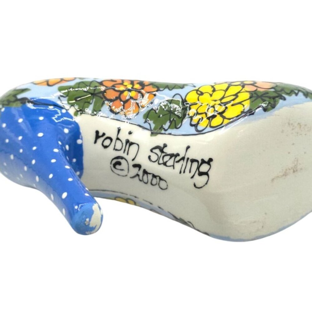 Hand-Painted Ceramic High Heel Shoe By Robin Starling Signed 2000 Floral Polka D - Picture 5 of 5
